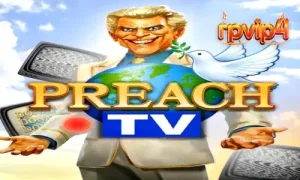 Tampilan layar permainan slot Preach TV dengan nuansa studio televisi retro.