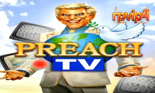 Tampilan layar permainan slot Preach TV dengan nuansa studio televisi retro.